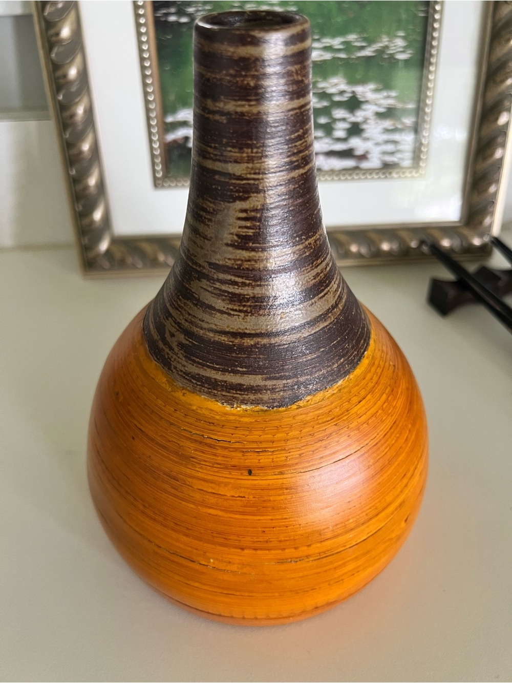Vintage Mid-Century style bamboo-woven Ceramic Clay Vase, Beautiful!